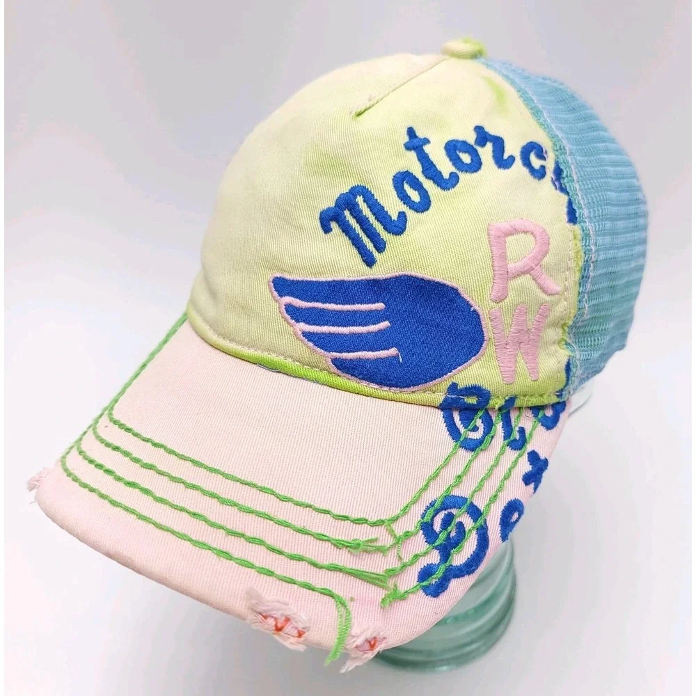 True Religion Distressed Motorcycle RW Club Strapback Cap Hat‎ Leather Mesh TRBJ